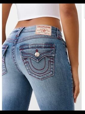 True Religion Women's Light Blue Skinny Jeans with Red Contrast Stitching